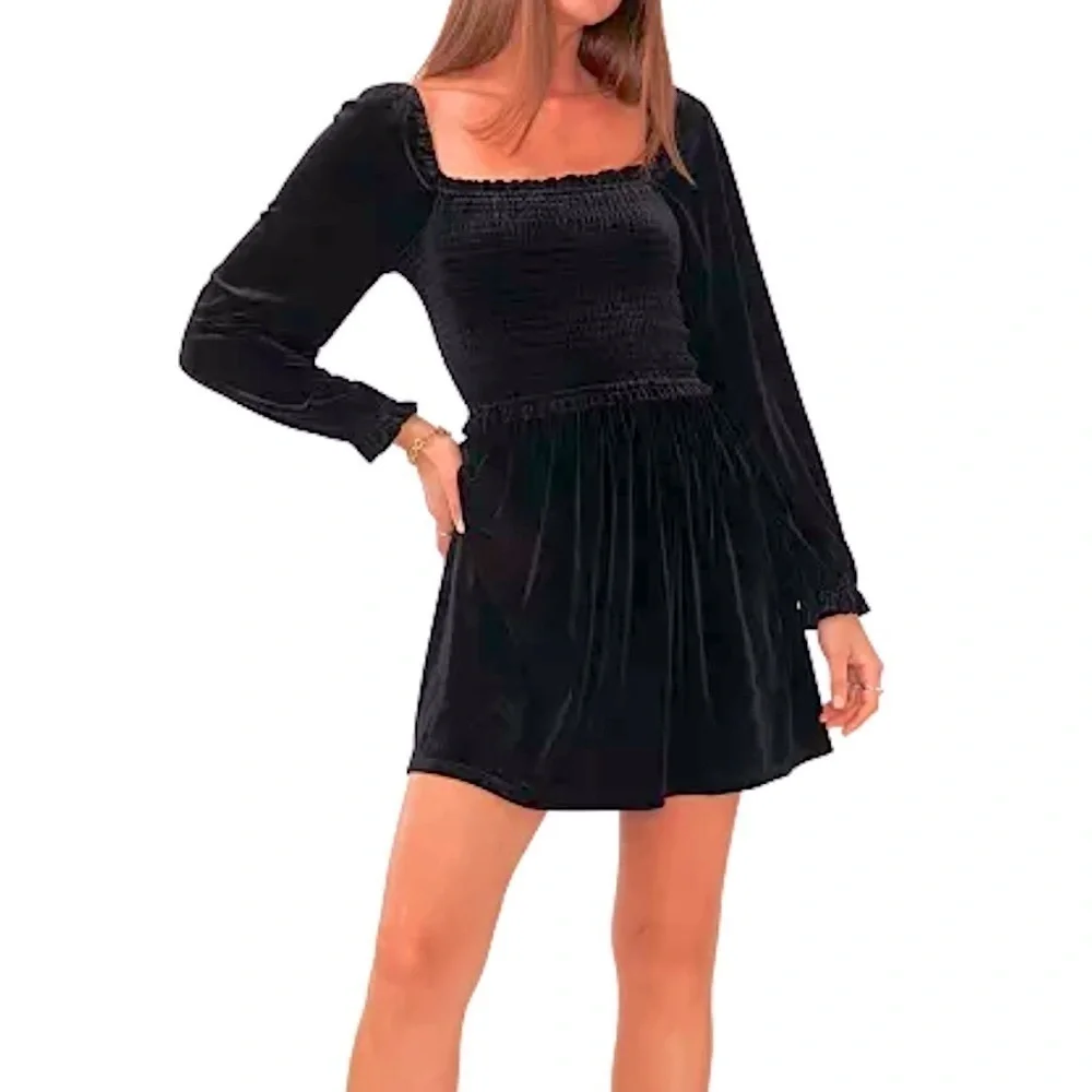 1.STATE Women's Velvet Dress Smocked Bodice Long Sleeve Size Medium Black short